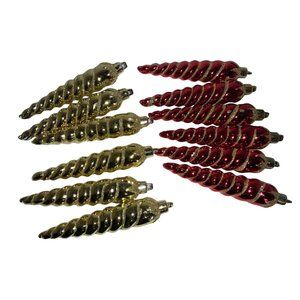 12 Plastic Icicle Ornaments- Gold Red Color